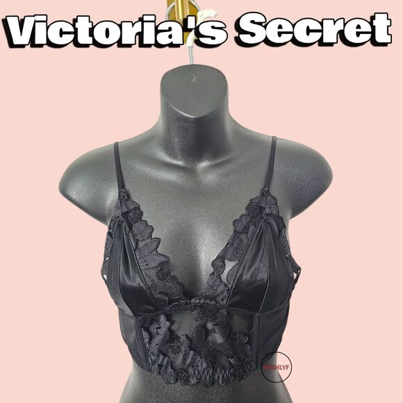 Victoria's Secret Embroidered Floral Bralette Longline Bra Black Small - Picture 1 of 13